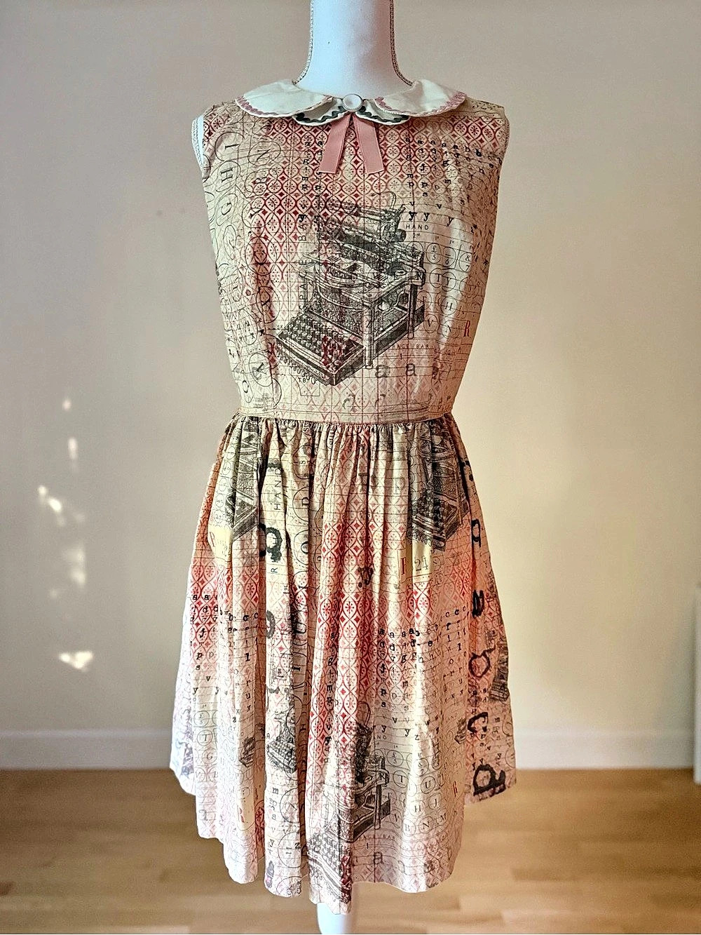 Printed Midi Typewriter Dress in Pink & Cream